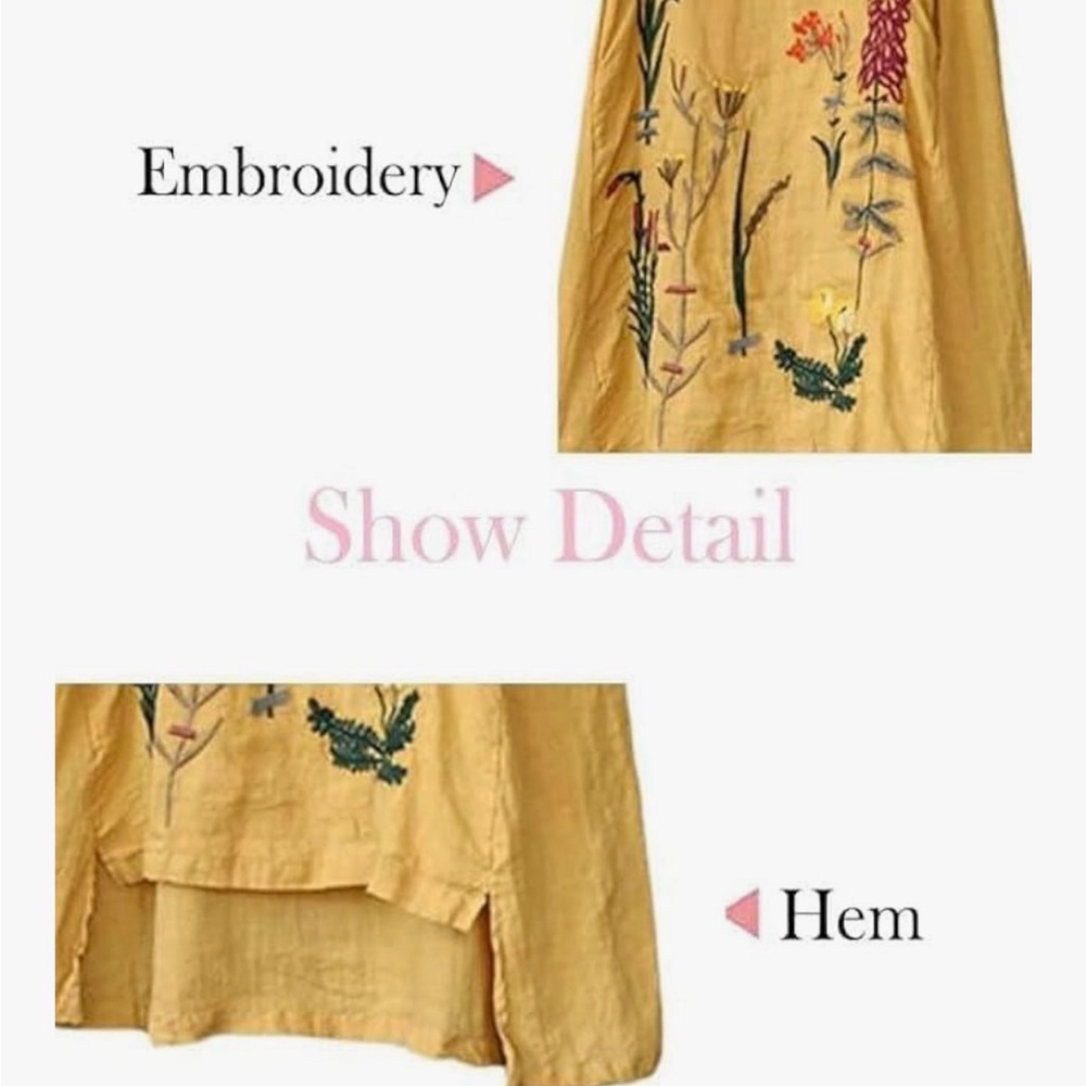 Women’s Minibee Mustard Yellow Linen Floral Embroidered Dress/Tunic - Picture 7 of 8
